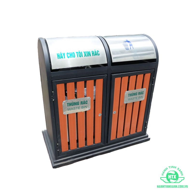 Thung Rac Gỗ 2 Ngăn Ngoai Trời Bằng Khung Thep