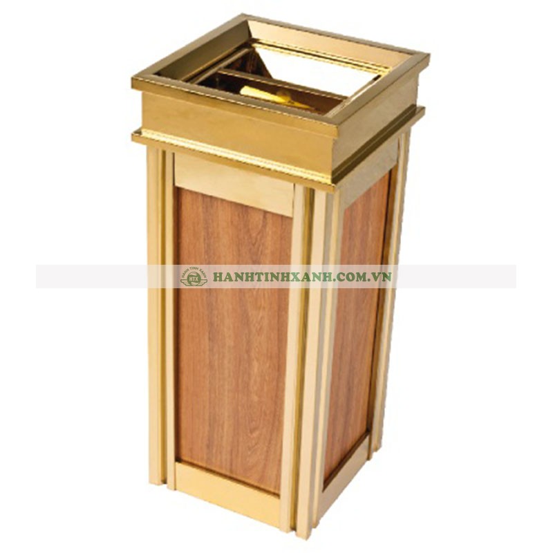Thùng rác inox mạ vàng bọc da giả gỗ Thùng rác inox mạ vàng bọc da giả gỗ