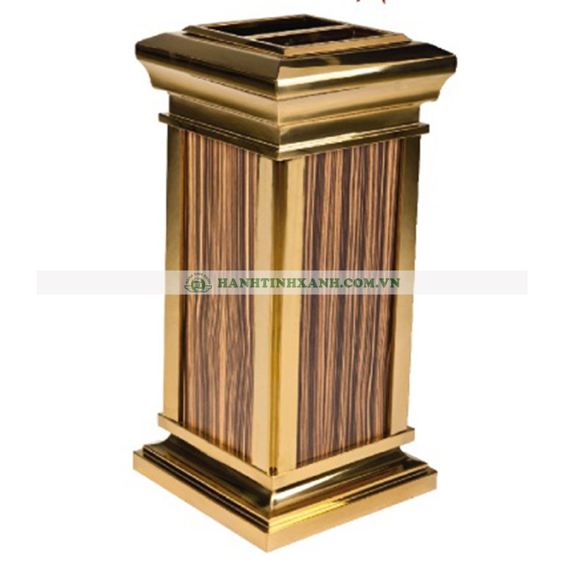 Thùng rác inox mạ vàng giả gỗ Thùng rác inox mạ vàng giả gỗ