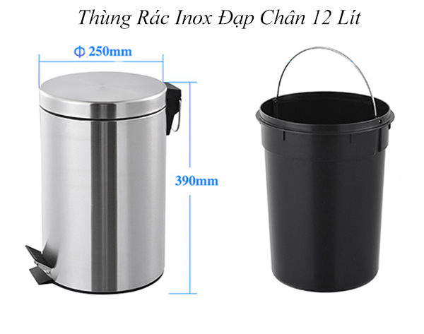 Kích thước chi tiết của thùng rác inox đạp chân 12L chính hãng Paloca