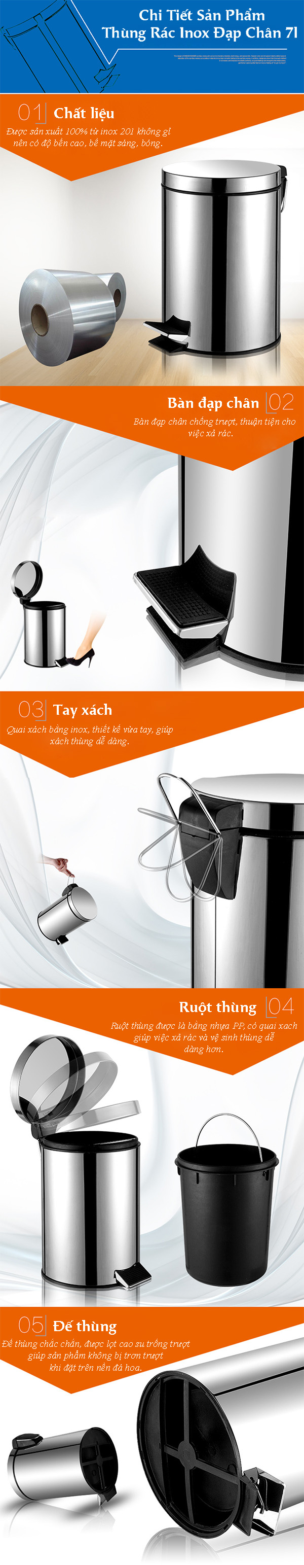 Thùng rác inox đạp chân 7 lít