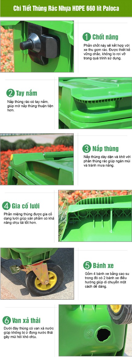 Thùng rác HDPE 660 lít chính hãng Paloca