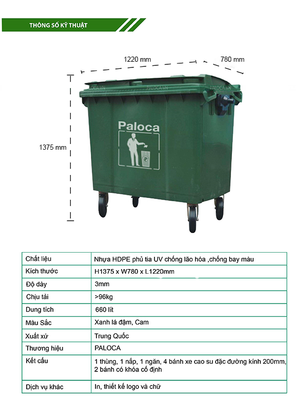 Kích thước xe thu gom rác các loại thương hiệu Paloca