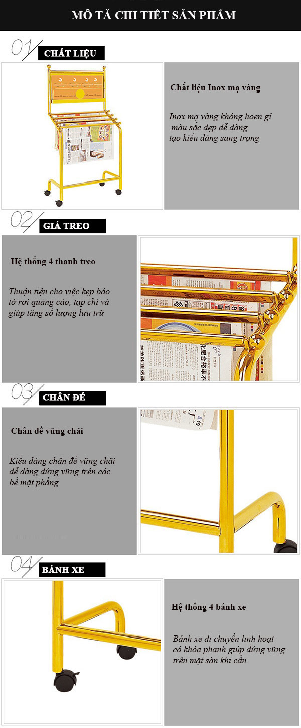 Mô tả các đặc điểm của mẫu kệ đựng tạp chí