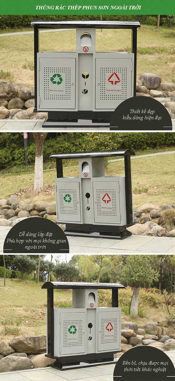 Thùng rác thép phun sơn phù hợp với không gian ngoài trời