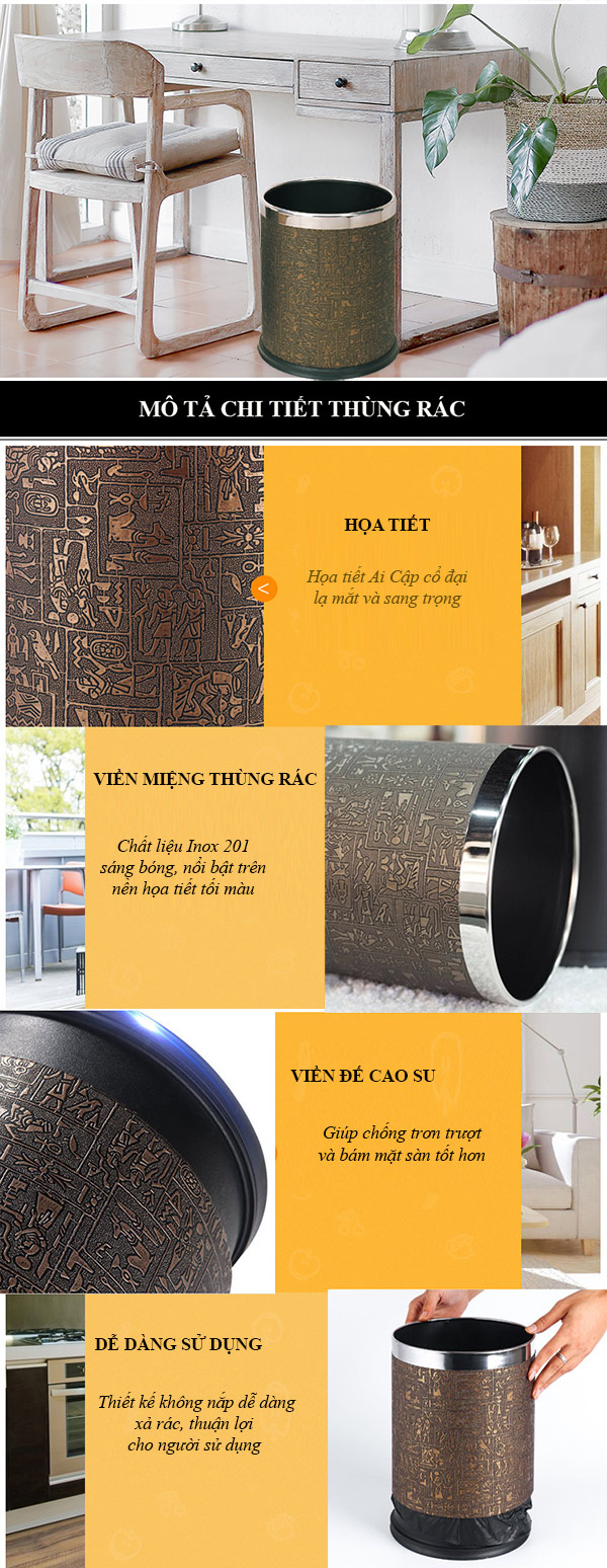 Mô tả chi tiết thùng rác bọc giả da đẹp