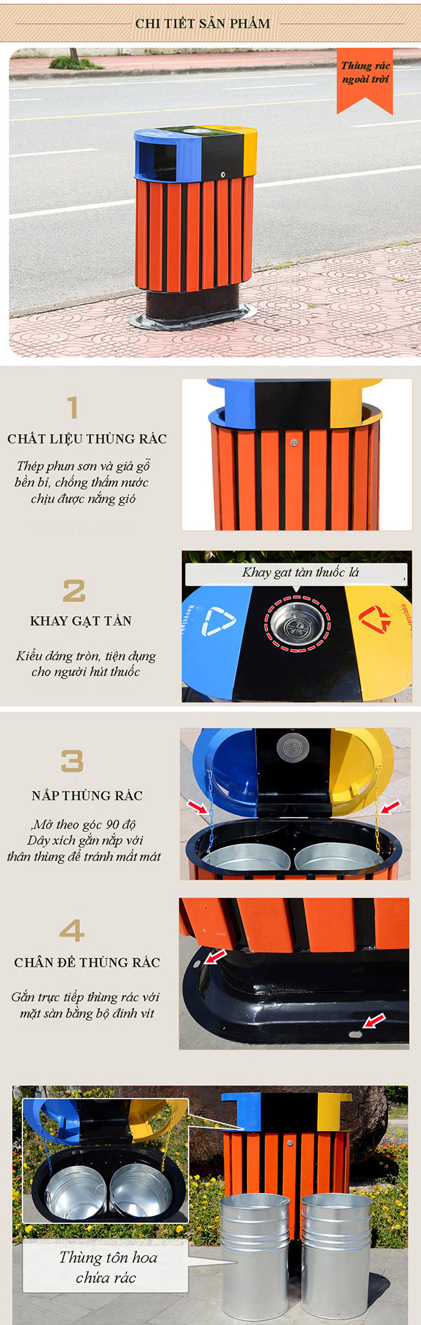 Mô tả chi tiết thùng rác phân loại rác thải 2 ngăn ngoài trời