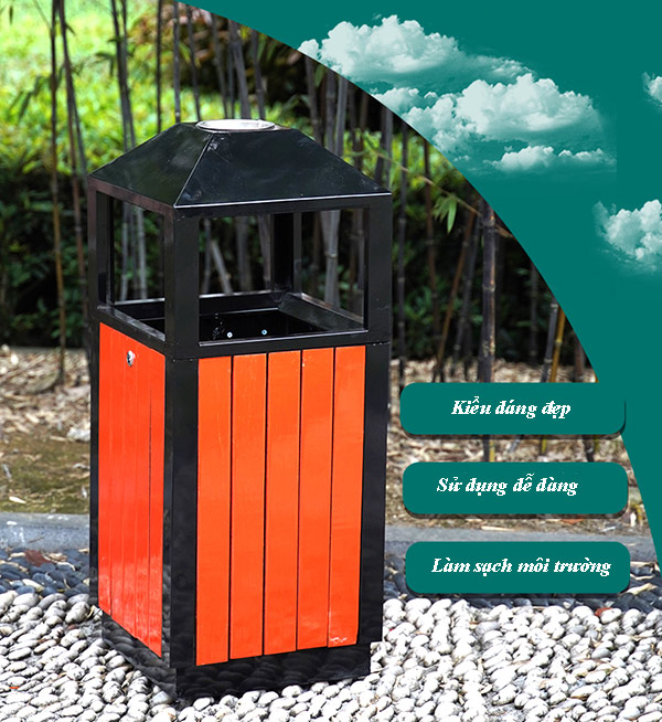 Thùng rác vuông ngoài trời có gạt tàn kiểu dáng đẹp