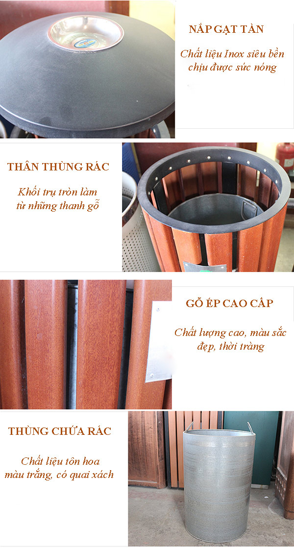 Chi tiết từng bộ phận cấu thành thùng rác gỗ