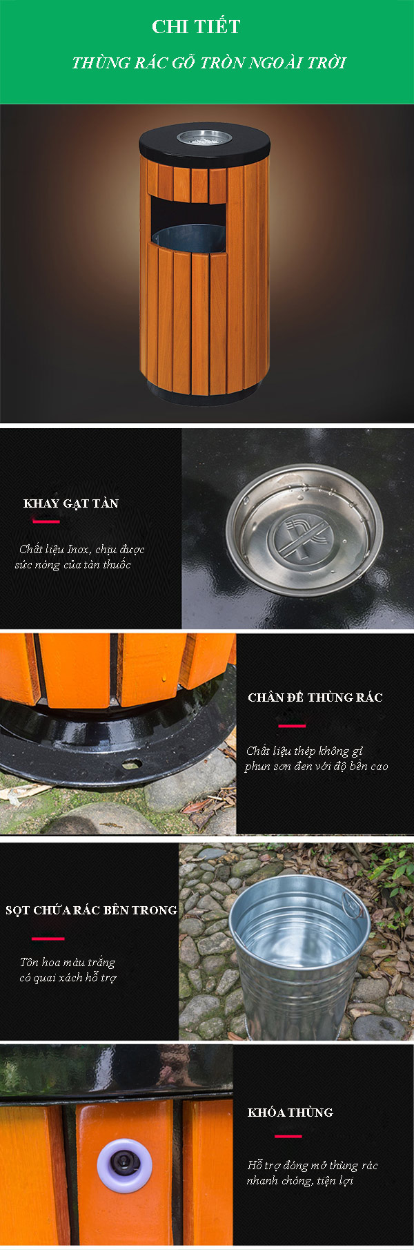Tìm hiểu đặc điểm từng bộ phận thùng rác ngoài trời