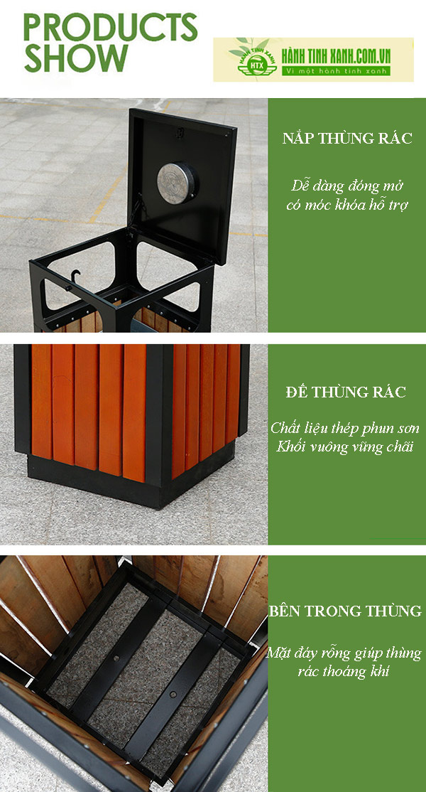 Cận cảnh mọi chi tiết của thùng rác gỗ ngoài trời