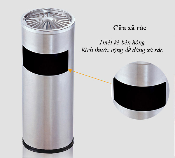 Chi tiết cửa xả rác thùng rác inox hút thuốc lá