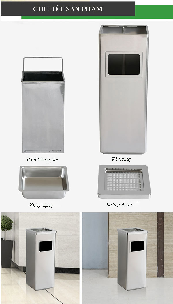 Cấu tạo thùng bộ phận thùng rác inox vuông