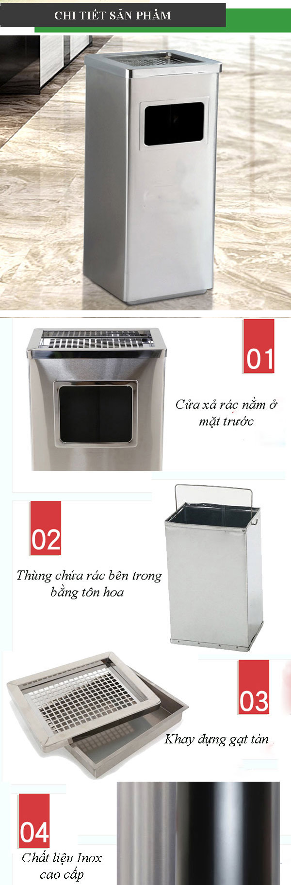 Mô tả chi tiết thùng rác inox chữ nhật