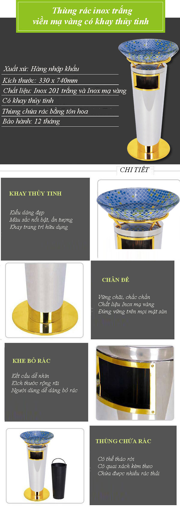 Đặc điểm các chi tiết của mẫu thùng rác inox trắng đẹp