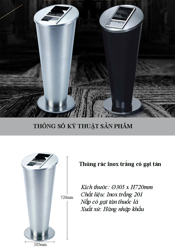 Thông số kích thước thùng rác inox có gạt tàn