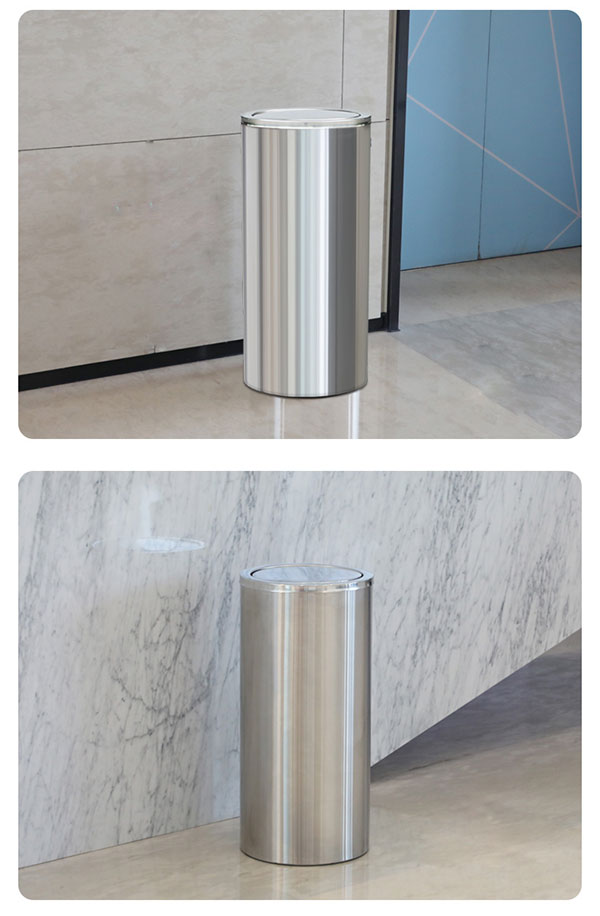 Thùng rác Inox kiểu dáng tròn phù hợp với nhiều không gian