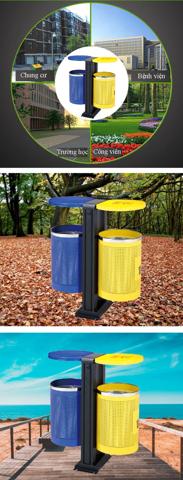 Thùng rác 2 ngăn được lắp đặt và sử dụng ở rất nhiều nơi