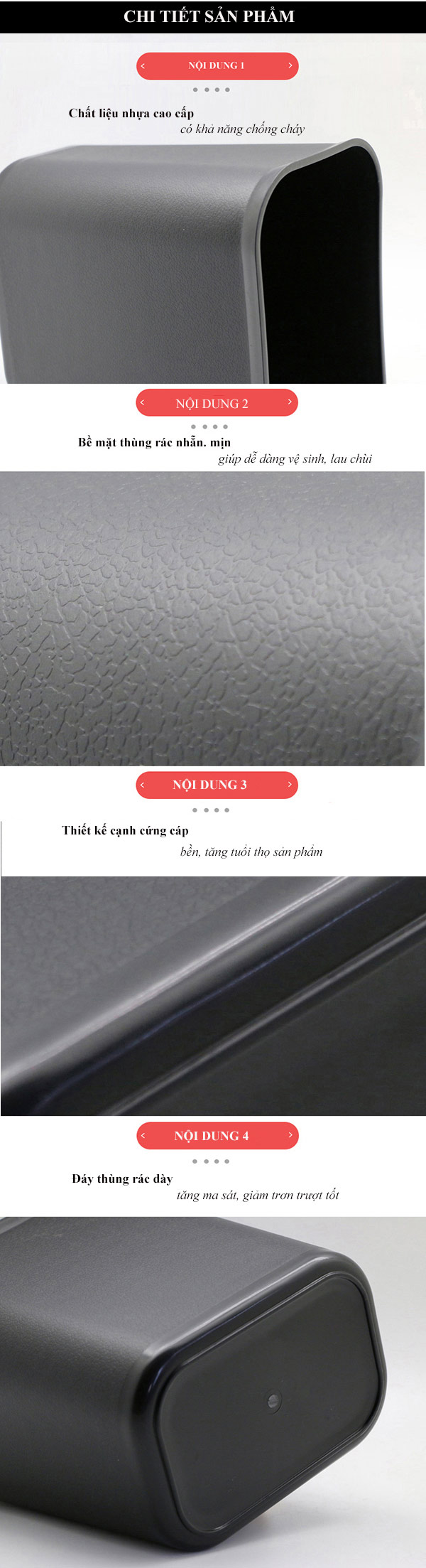 Mô tả chi tiết từng bộ phận thùng rác văn phòng không nắp chất liệu nhựa