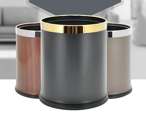 Thùng rác thép phun sơn 2 lớp không nắp viền inox vàng