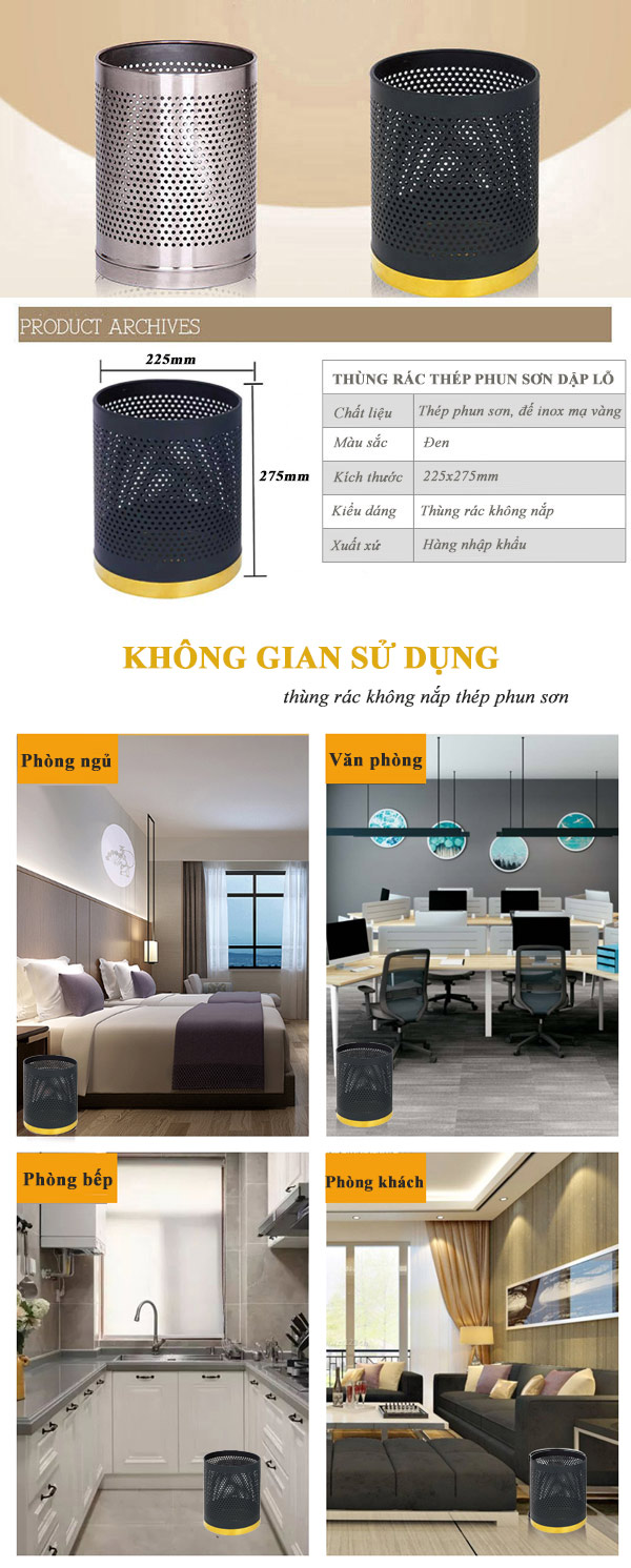 Chi tiết thùng rác thép phun sơn không nắp màu đen