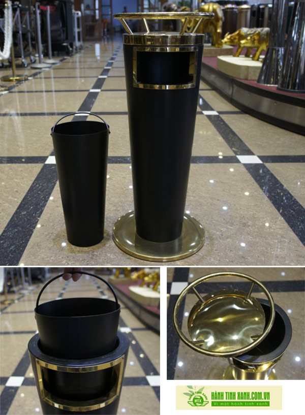 Hình ảnh thật của thùng rác thép phun sơn đen viền inox vàng có khay