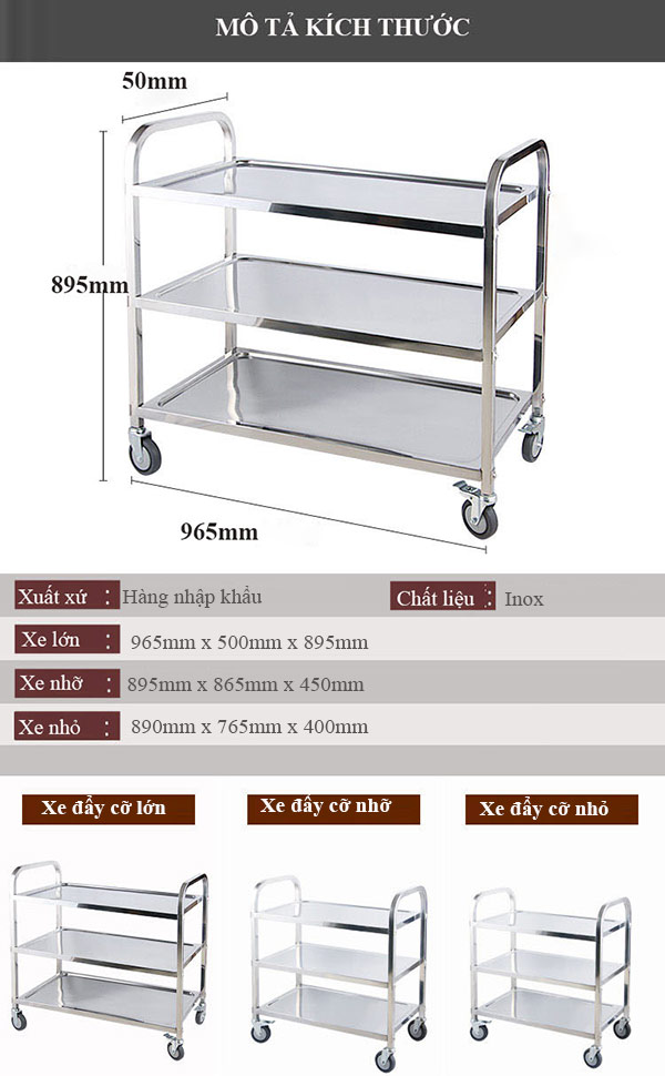 Kích thước xe đẩy thức ăn 3 tầng bằng inox