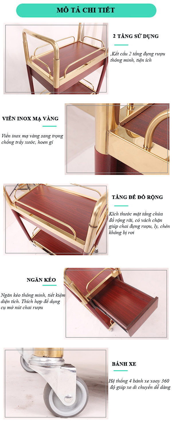 Mô tả chi tiết xe đẩy phục vụ rượu trà 2 tầng
