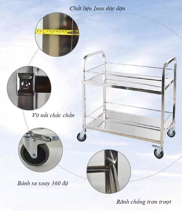 Xe đẩy inox 2 tầng có thanh chặn