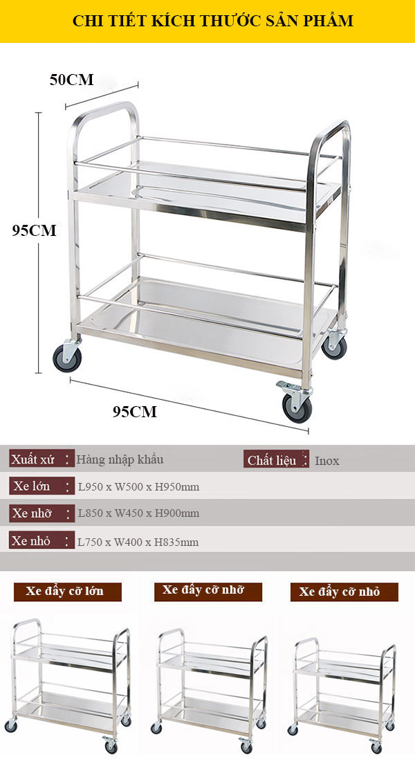 Kích thước xe đẩy thức ăn loại 2 tầng