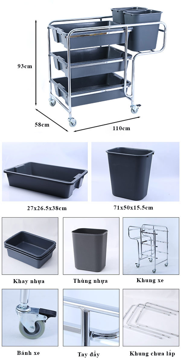 Chi tiết kích thước, cấu tạo xe thu dọn đồ dơ nhà hàng