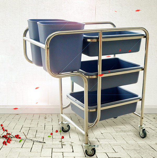 Xe gồm 3 khay đựng bát đĩa và 2 thùng đựng thức ăn thừa