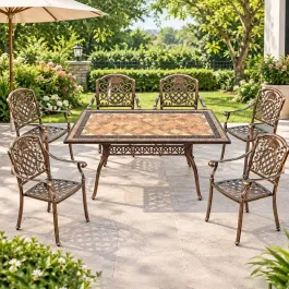 Bộ bàn ghế sân vườn bằng nhôm đúc bàn mặt đá PTG6-B5