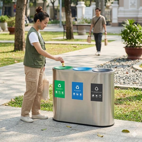 Thùng rác inox 3 ngăn không nắp - hình 4