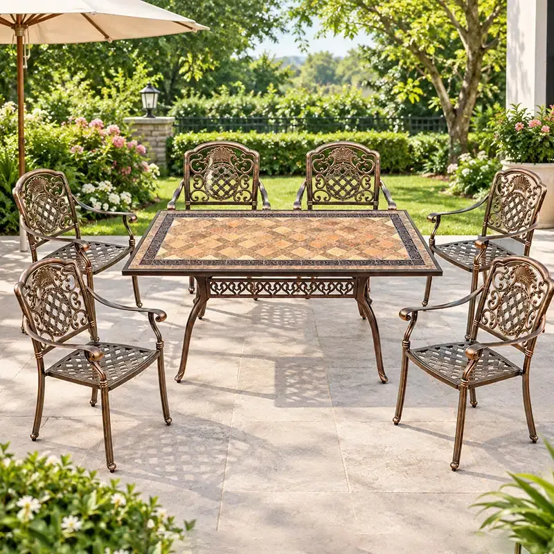 Bộ bàn ghế sân vườn bằng nhôm đúc bàn mặt đá