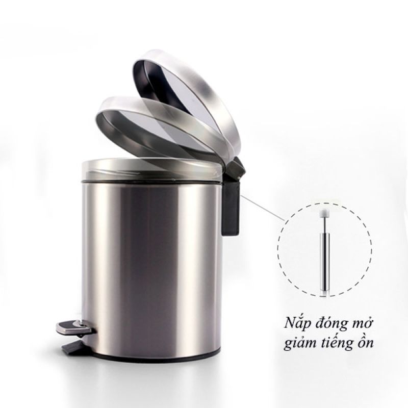 Thùng rác inox 304 đạp chân tròn 5L cao cấp, độ bền cao
