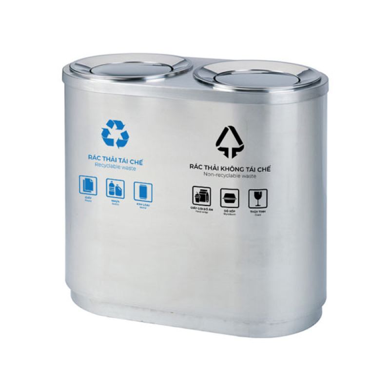 Thùng rác inox nắp lật phân loại 2 ngăn