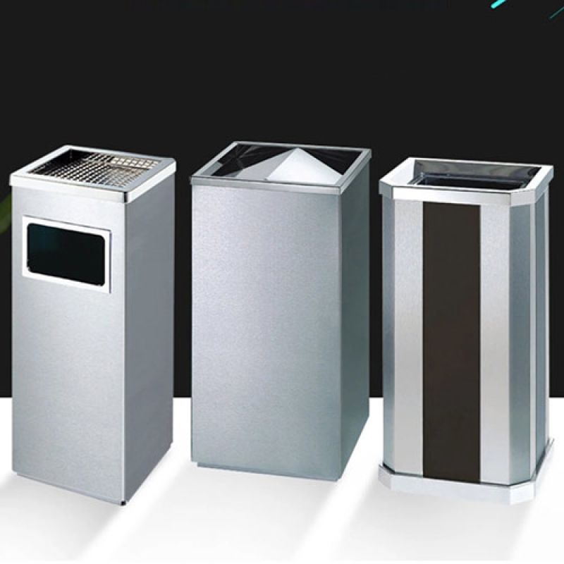 Thùng rác inox chữ nhật sọc đen trắng gạt tàn giá rẻ