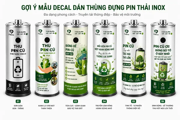 Hỗ trợ in decal dán lên thùng rác inox đựng pin