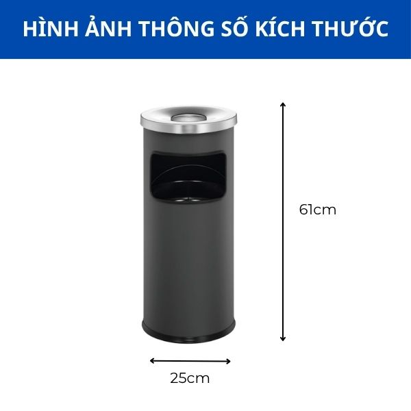 Thùng đựng rác thép sơn đen tròn có gạt tàn