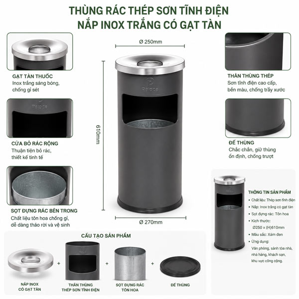 Thùng đựng rác thép sơn đen tròn có gạt tàn
