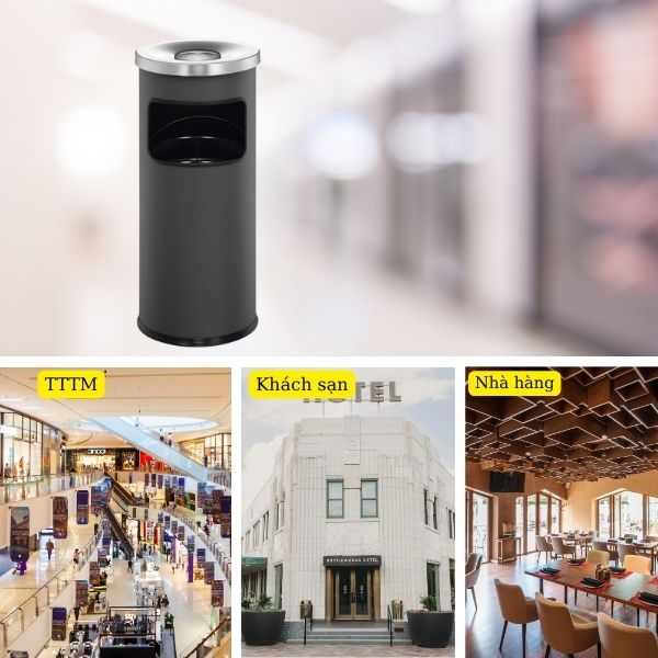 Thùng đựng rác thép sơn đen tròn có gạt tàn