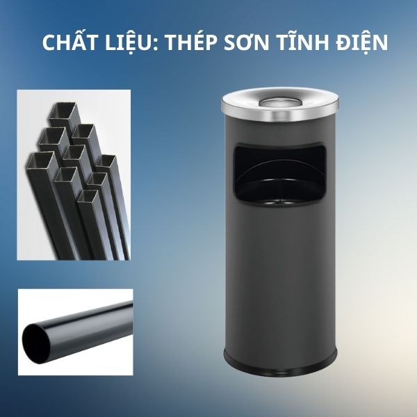 Thùng đựng rác thép sơn đen tròn có gạt tàn
