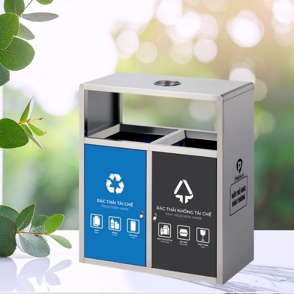 Thùng phân loại rác 2 ngăn inox