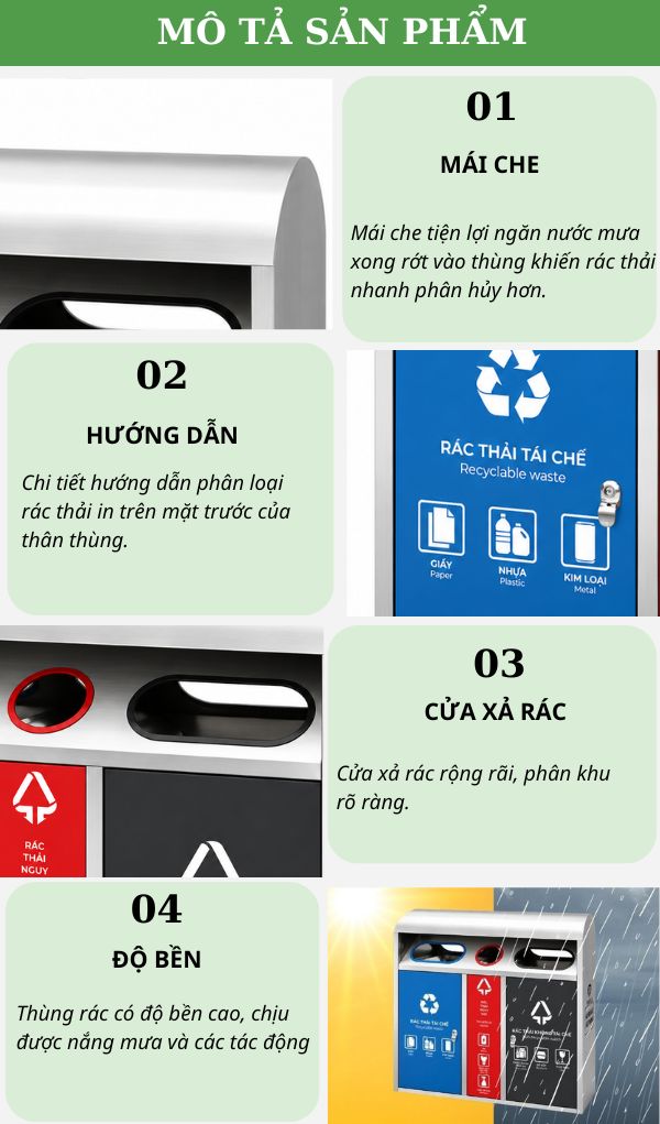 Thùng phân loại rác có mái che 3 ngăn