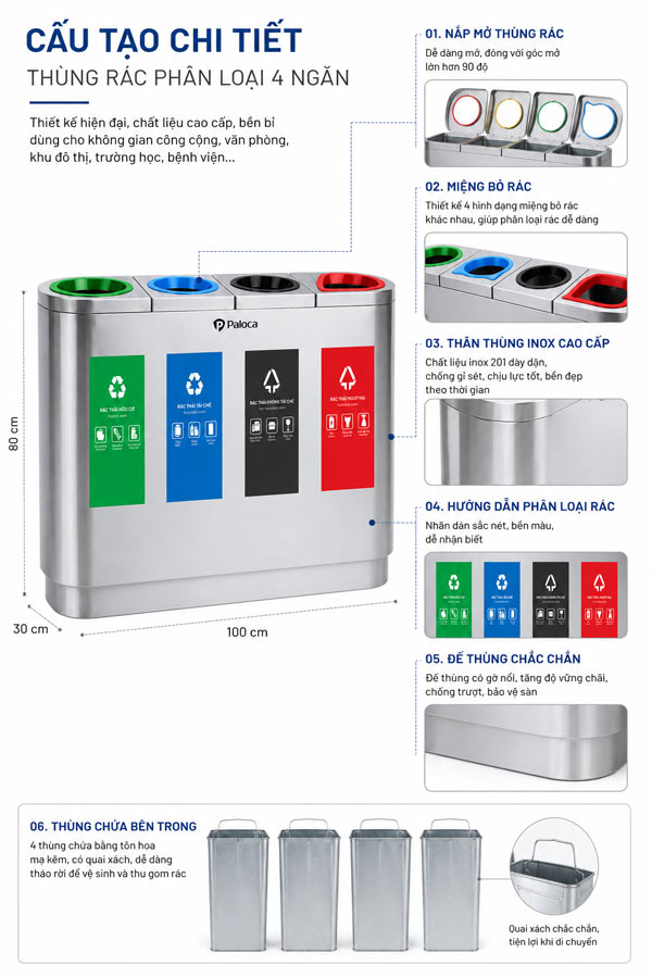 Thùng phân loại rác bằng inox 4 ngăn