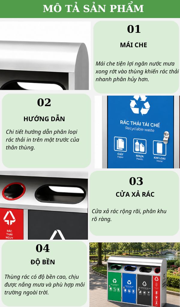 Thùng phân loại rác có mái che 4 ngăn