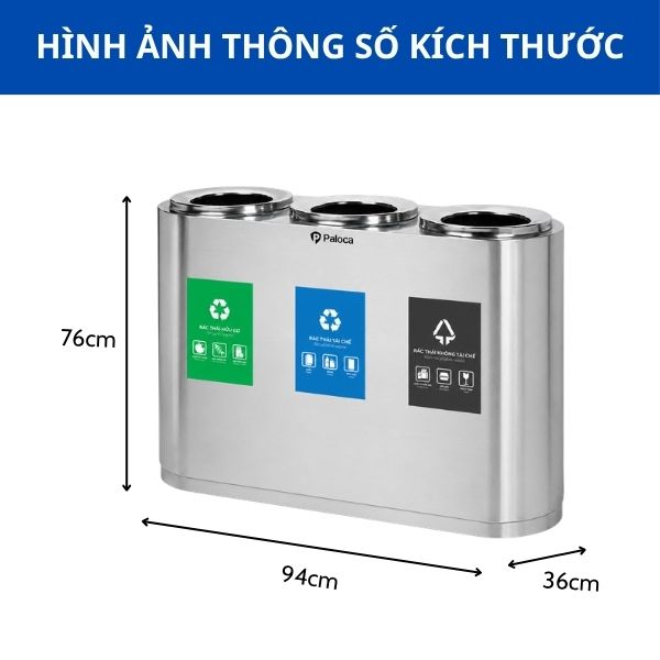 Kích thước thùng rác 3 ngăn phân loại rác