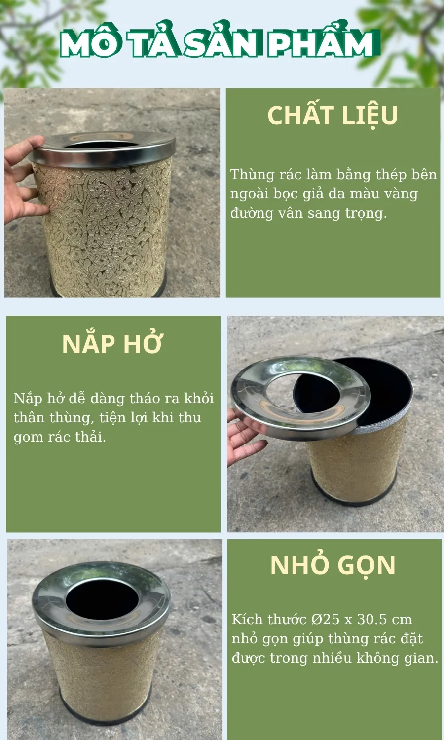 Tham khảo đặc điểm thùng rác nắp hở loại bọc giả da