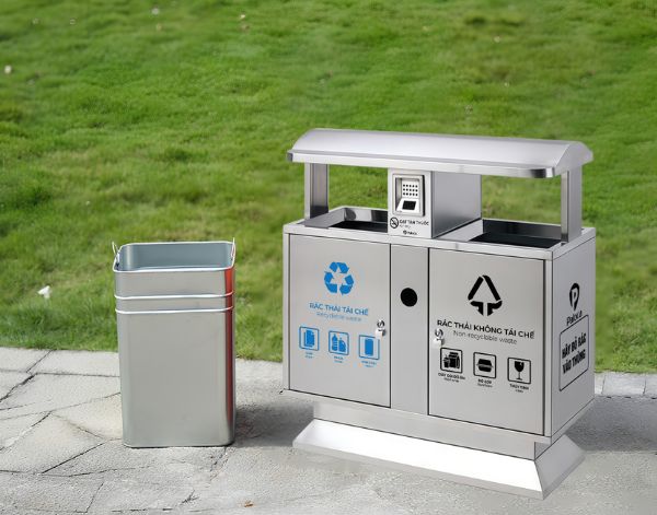 Thùng rác công viên inox 2 ngăn